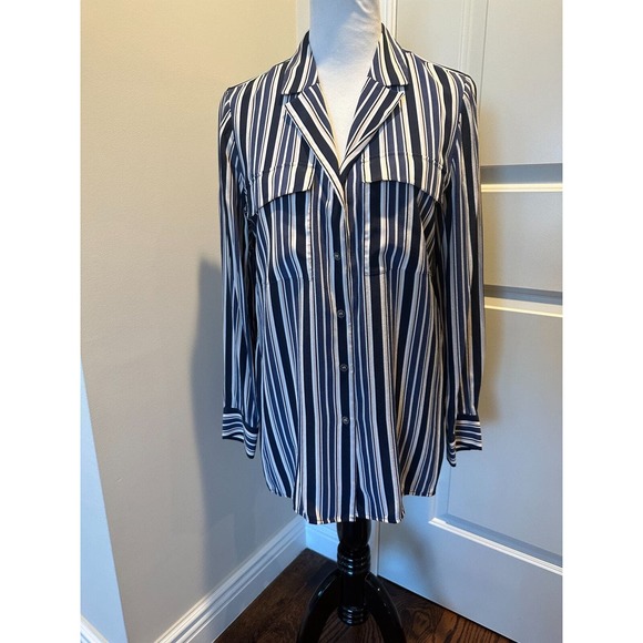 NWOT Lafayette 148 Navy Multi Color Long Sleeve shirt SZ L - Picture 1 of 9